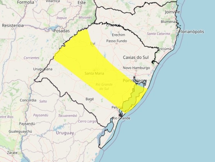 Mapa do Rio Grande do Sul marcado em amarelo nas áreas onde irá chover