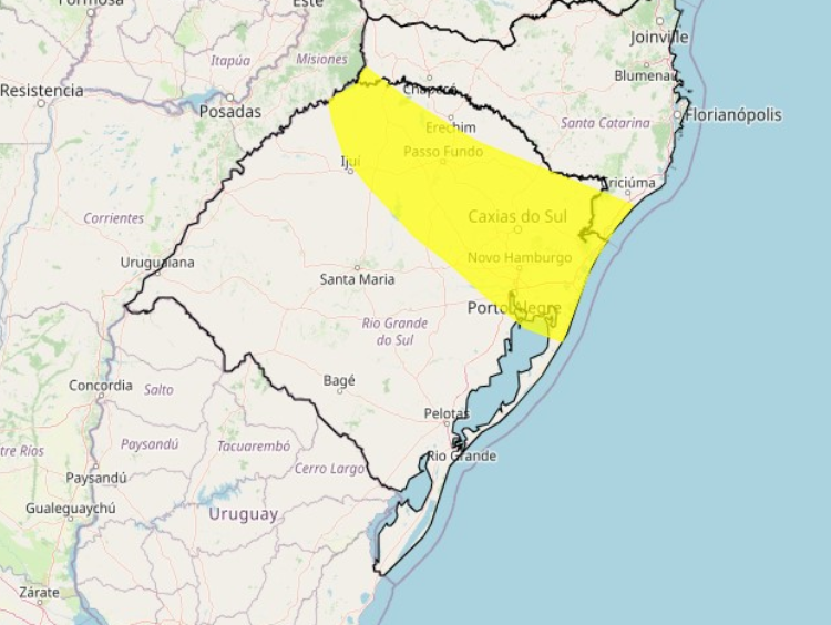 Mapa do Rio Grande do Sul marcado em amarelo nas áreas onde irá chover
