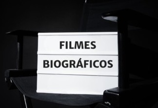 imagem de uma cadeira de diretor preta em uma sala esciula com uma luminária de caixa onde está escrito "Filmes Biográficos"