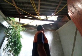 Servidor da Defesa Civil de Santa Maria olha para danos em telhado de residência.
