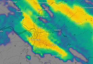 Imagem de radar da 1h30 da manhã mostra as áreas de instabilidade sobre a região metropolitana. Crédito: Cemaden/ Windy / reprodução