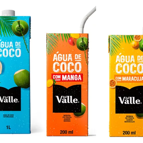 Com a marca Del Valle, além da água de coco tradicional, bebida terá versão com suco de fruta nos sabores manga e maracujá. Foto: Divulgação