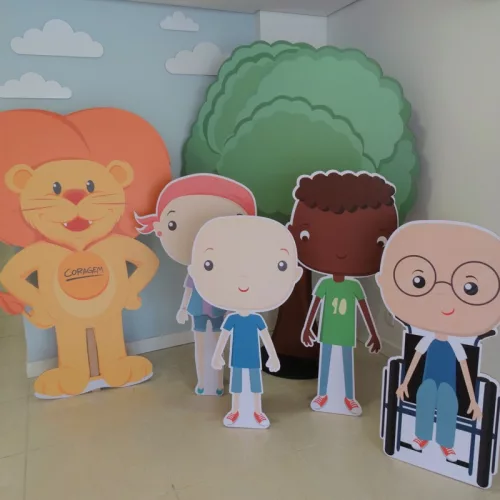 Displays do mascote leão do ICI e personagens crianças