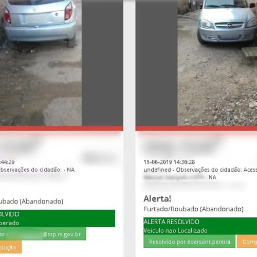 Tela do aplicativo mostrando fotos de um veículo prata, sem placas.
