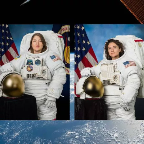 Foto oficial das duas astronautas que realizaram a primeira caminhada espacial feminina da Nasa. Foto: Divulgação/Nasa