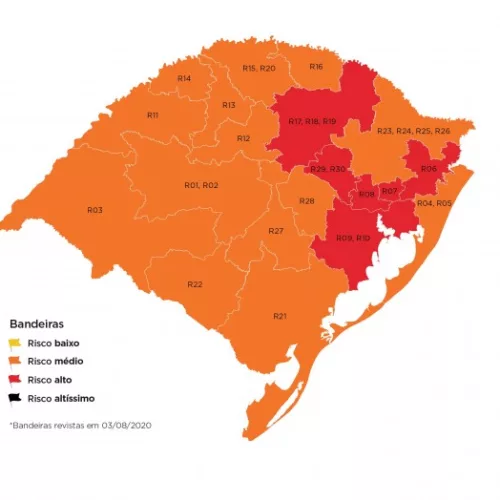 Mapa definitivo do distanciamento controlado, em vigor a partir desta terça (4/8), tem seis regiões em bandeira vermelha e 14 em laranja. Foto: Governo do RS/Divulgação