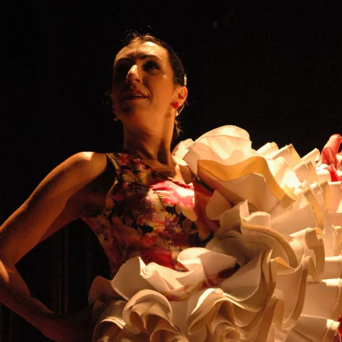 Bailarina Tablado Andaluz flamenco, babados da saia para cima.
