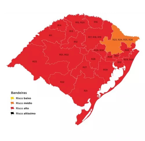 Distanciamento Controlado: governo do RS deixa 20 regiões na bandeira vermelha