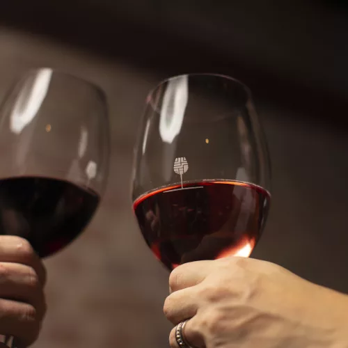 Duas mãos seguram taças de vinho.