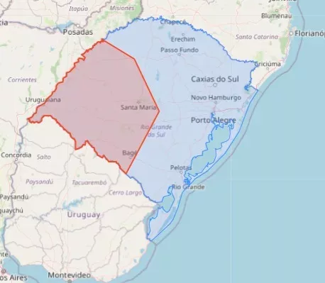 Cidades localizas na área vermelha estão em situação de alerta. Crédito: Divulgação/Defesa Civil do RS