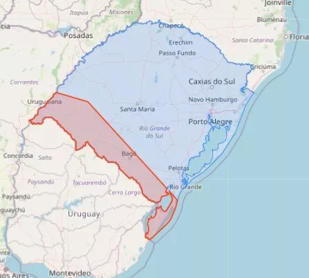 Temporais poderão correr na área delimitada em vermelho no mapa. Crédito: Divulgação/Defesa Civil do RS