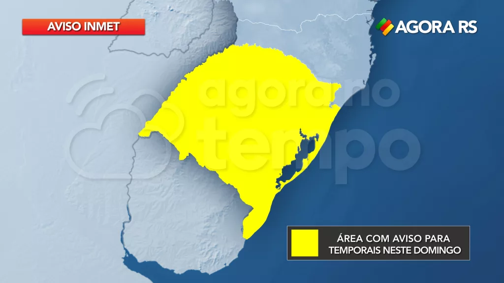Mapa do Rio Grande do Sul com aviso para temporais neste domingo, dia 2 de janeiro de 2021.