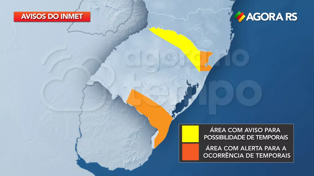 Áreas com alerta de temporal no Rio Grande do Sul nesta quinta-feira. 