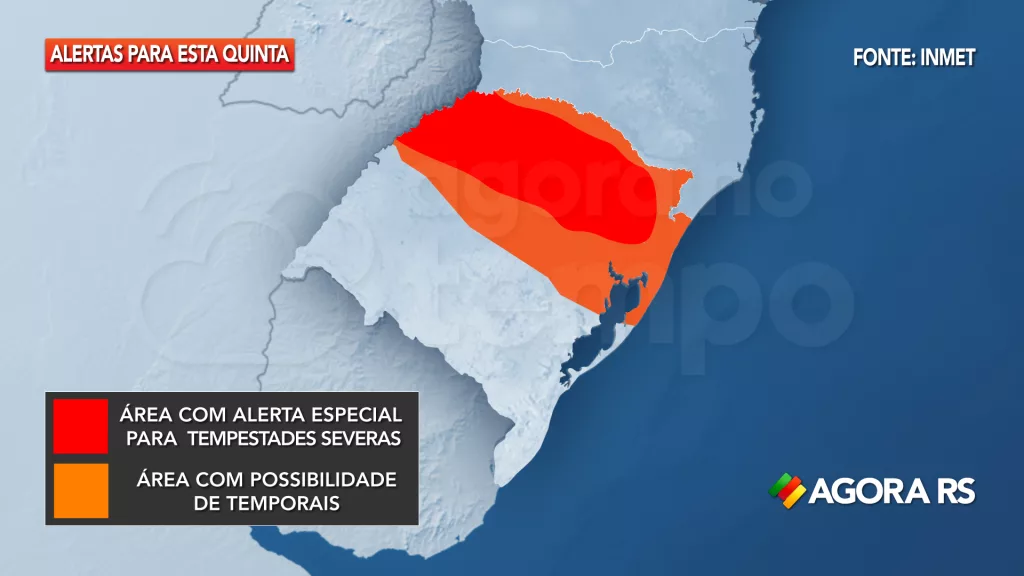Alerta de temporal emitido para o Rio Grande do Sul. Válido para esta quinta-feira, 24 de março de 2022. 