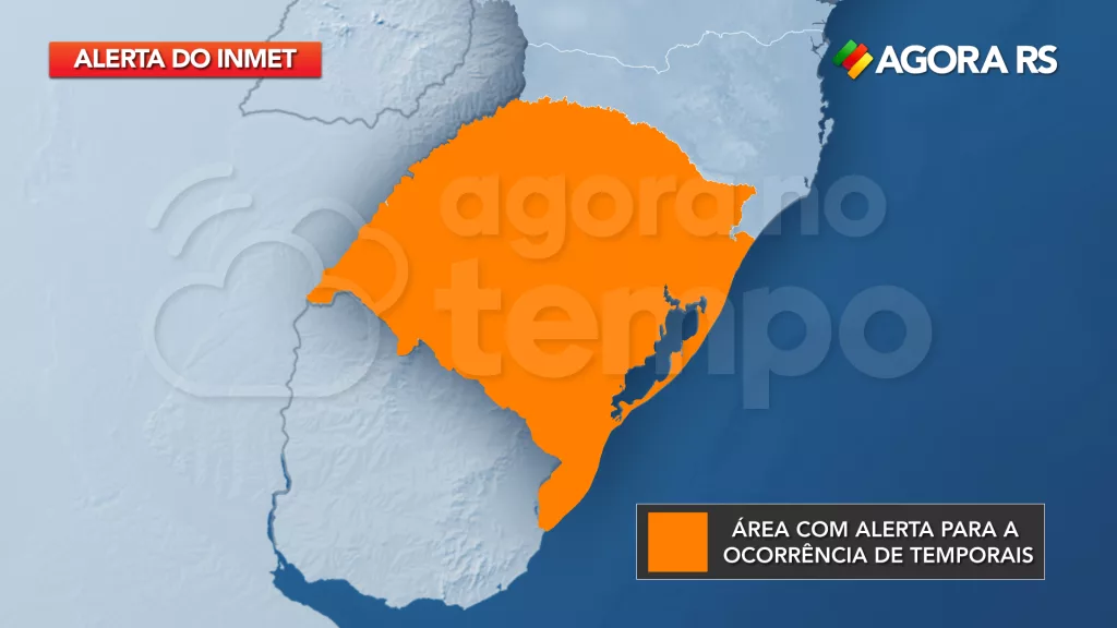 Mapa do Rio Grande do Sul é mostrado em cor laranja. Todas as regiões gaúchas estão sob alerta de temporal.