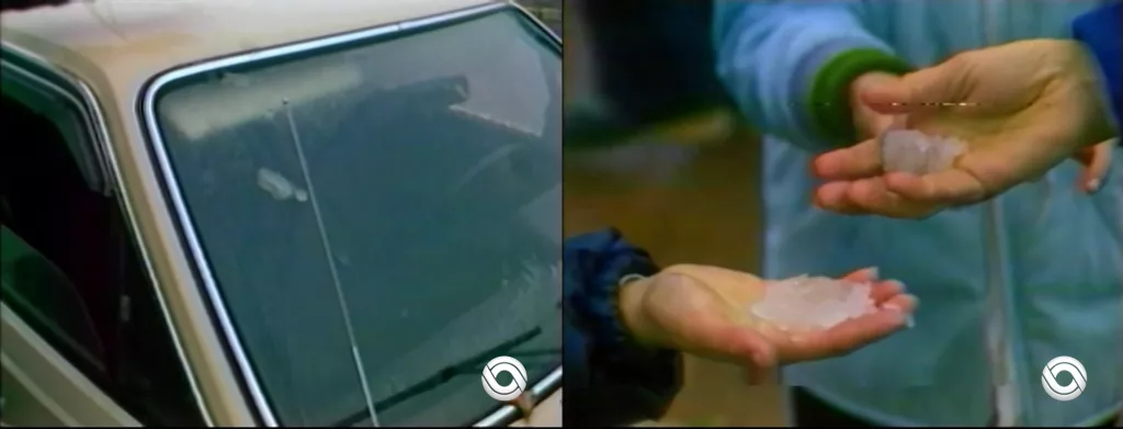 Duas imagens mostram neve em Porto Alegre no ano de 1984. À esquerda, flocos derretidos em cima de um carro. À direita, um adulto e um menino mostram os flocos derretendo na mão.