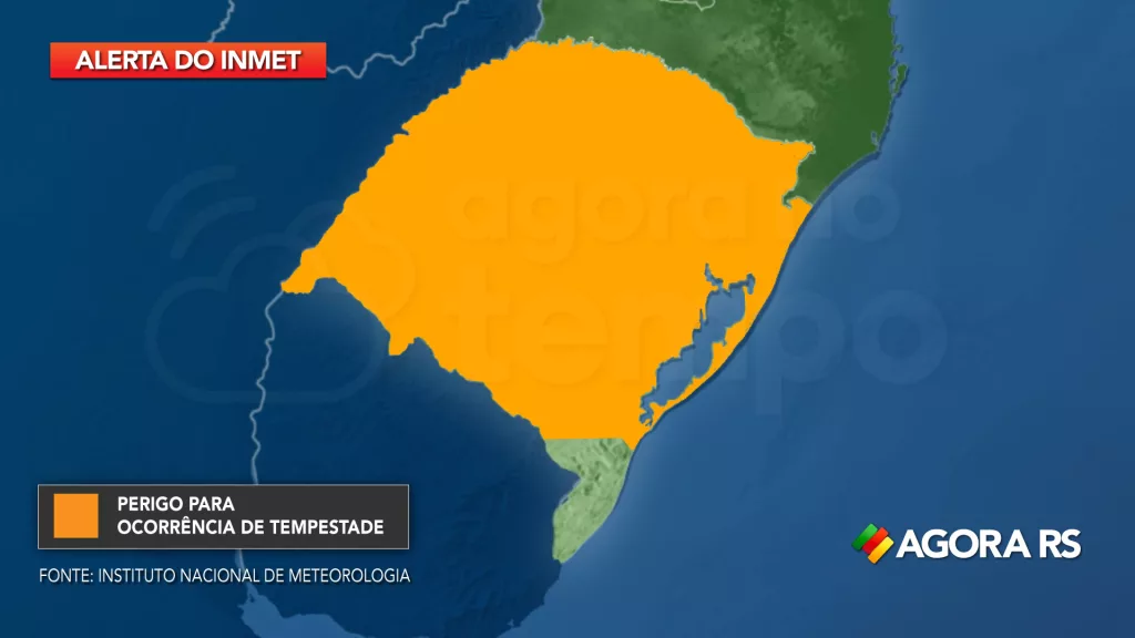 Mapa do Rio Grande do Sul mostra áreas com alerta laranja para tempestade. Apenas cidades do Extremo Sul não receberam aviso. 
