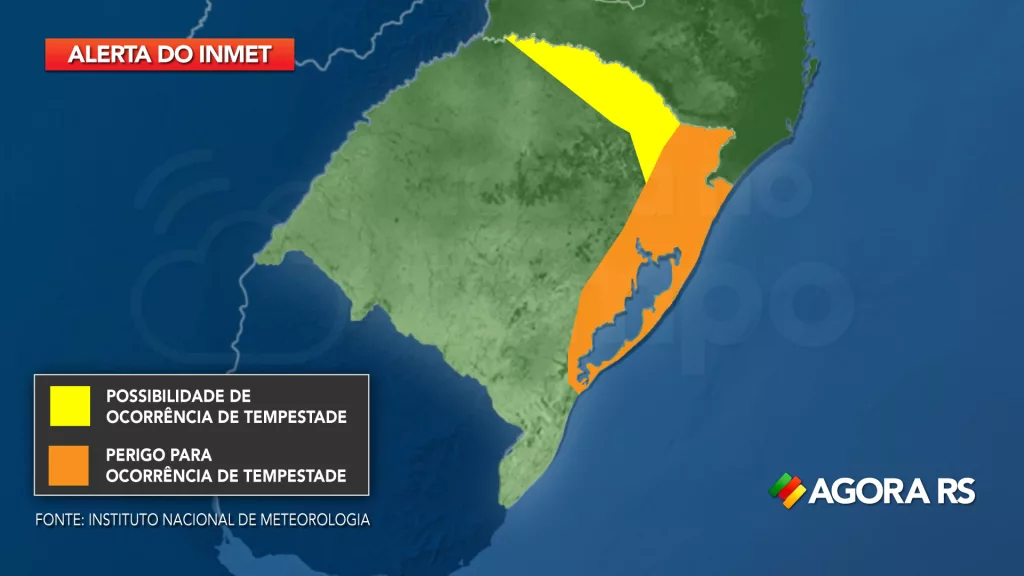 Mapa do Rio Grande do Sul com alerta de tempestade válidos nesta terça-feira.