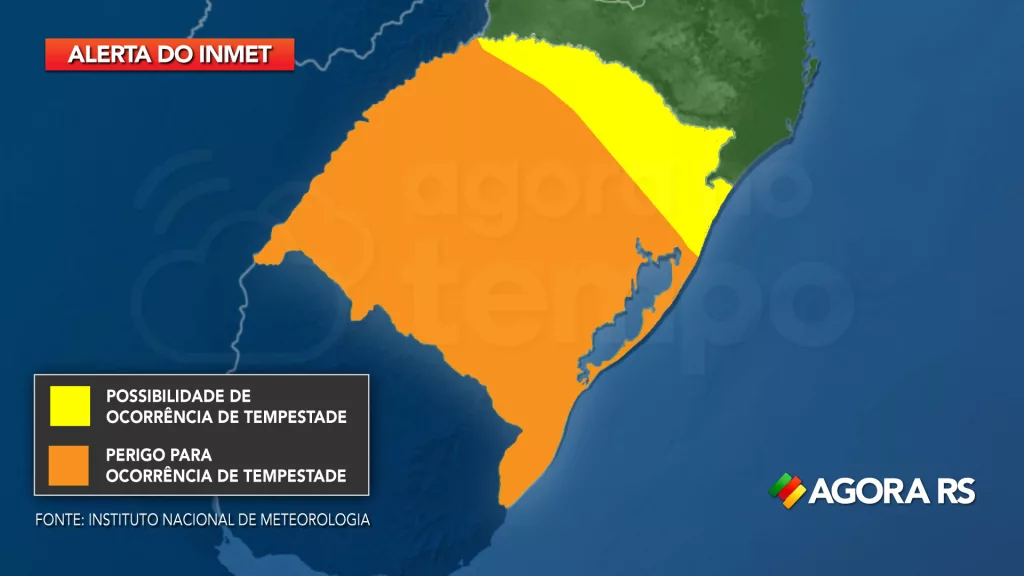 Mapa do Rio Grande do Sul com alerta de tempestade válidos nesta quinta-feira.