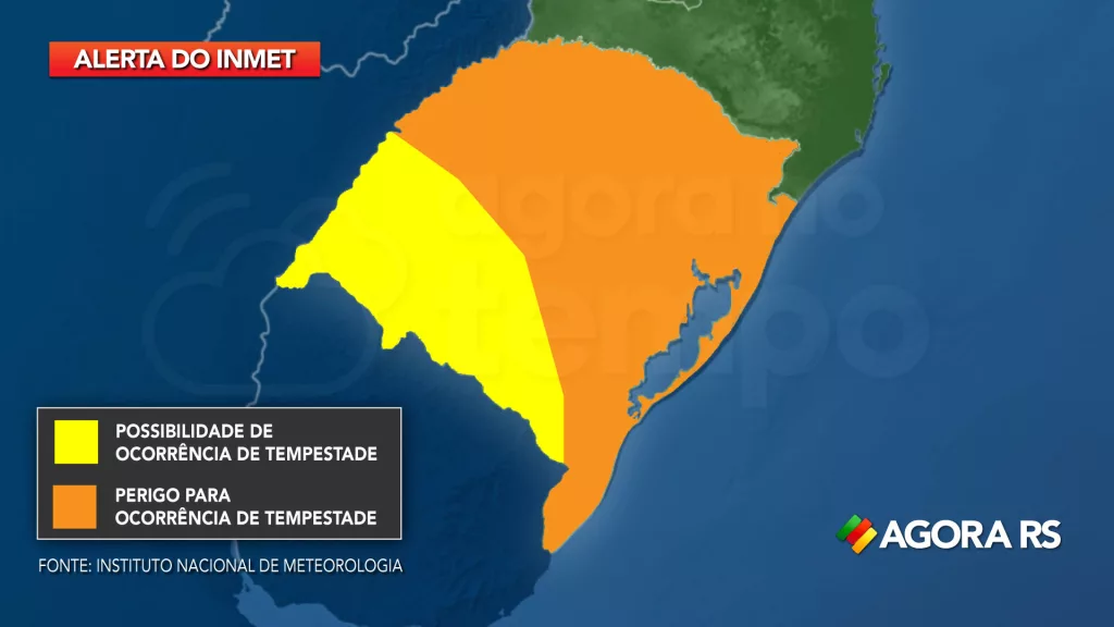 Mapa do Rio Grande do Sul com alerta de tempestade válidos nesta sexta-feira. Crédito: Agora no Tempo / Agora RS