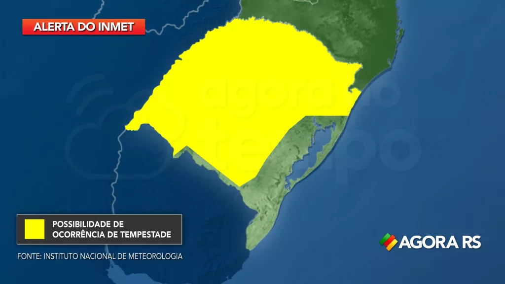 Mapa do Rio Grande do Sul com alerta amarelo de tempestade. 