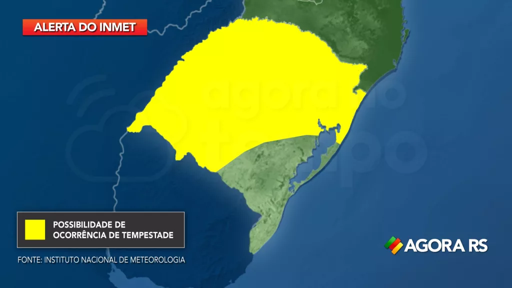 Mapa do Rio Grande do Sul com áreas em alerta para temporal nesta terça-feira.