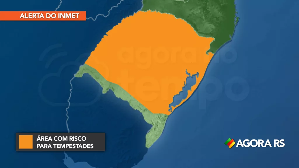 Mapa mostra áreas em alerta de tempestade no Rio Grande do Sul.